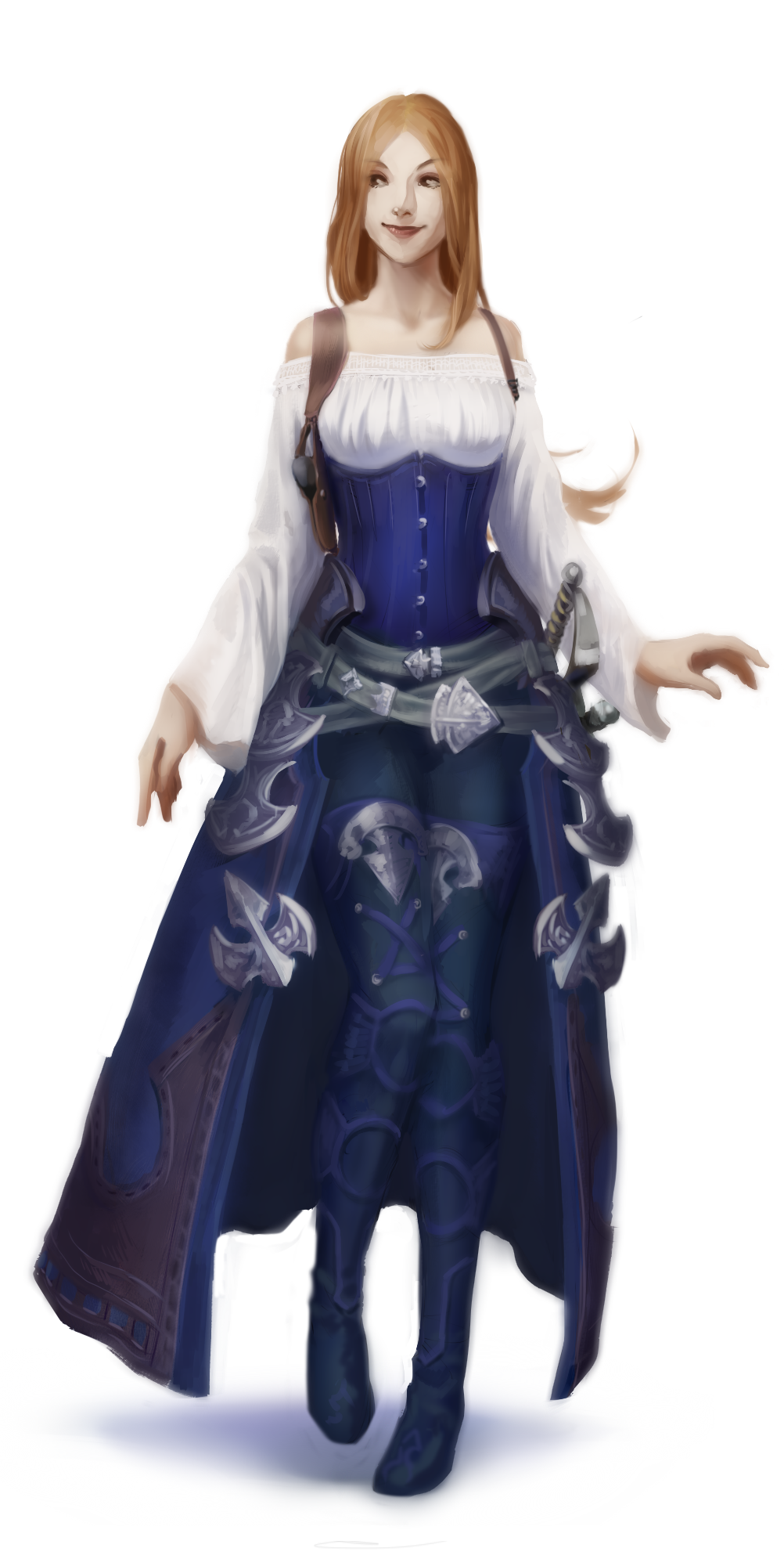Character is [ASZH - BEE] (A-S-H-B-I-E) from DSL, this is a slightly older iteration: The shoulder-length blonde haired woman here is decked out in an outfit meant to impress. She has a full corset of sapphire blue worn over a white cotton top. The top has a boat neckline with full-length sleeves. She has navy leggings on her legs and wears a sort of half-skirt which is open in the front but drops to her ankles in the back. Supple blue leather boots of the same color as the leggings cling to her feet. She is armed to the teeth with multiple belts and bladed weapons decorating the skirt.