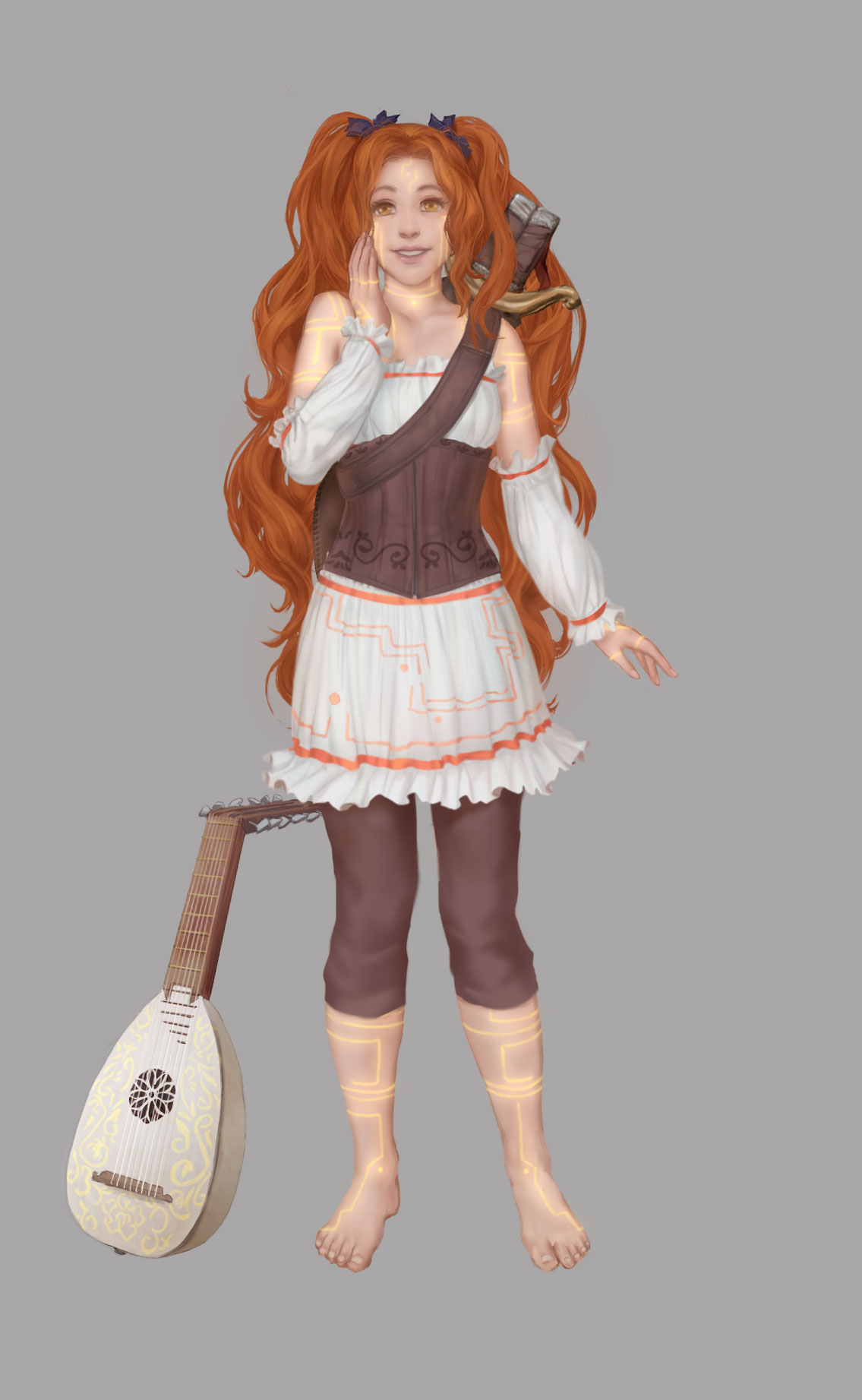 Character is [LAH - LEE - UH] (L-A-L-I-A) from the Knights. Lalia is a Lumenari and has yellow runes like tattoos across her body: A red haired woman stands here. She has a lute at her side and her red hair is done up in pigtails. She wears a simple outfit consisting of a sleeveless white dress and earthy brown corset. Leggings of the same brown creep down her legs to end at her shin. Sleeves of the same white, light cotton material are worn from her elbow to her wrists.