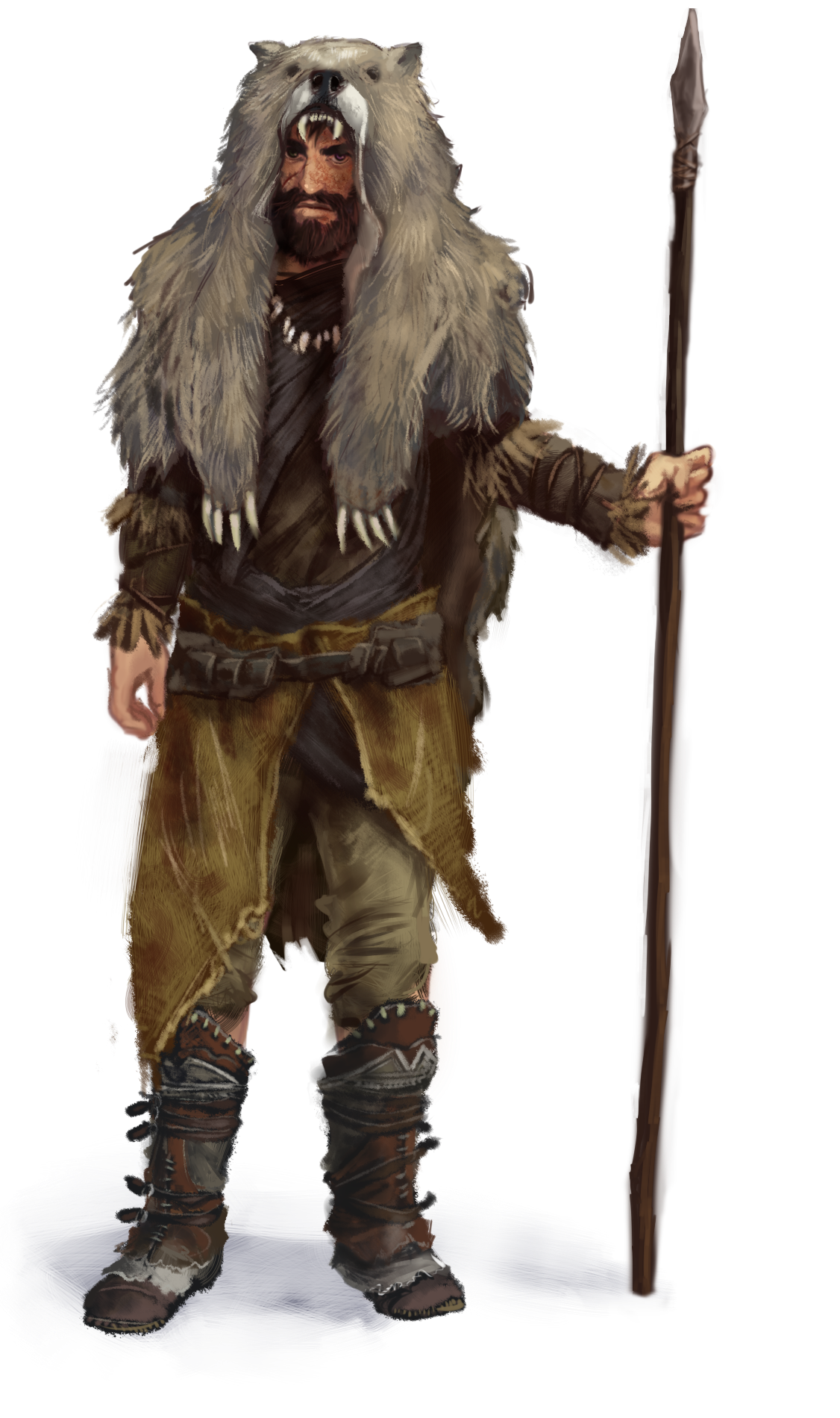 Character is [SHAW - N] (S-H-A-U-N) from D&D, he is a druid: A man stands here, most noticeable about him is the headdress of a wolf that he wears upon his head. He has a brown beard and mustache over a rather plain face. His garments consist of assorted leathers in various earthen tones. He has leather bracers on and a belt which is wrapped about a sort of war kilt. Scrappy leather boots climb up his shins to end just a bit below the knee. In one hand he carries a rough, tall wooden spear.