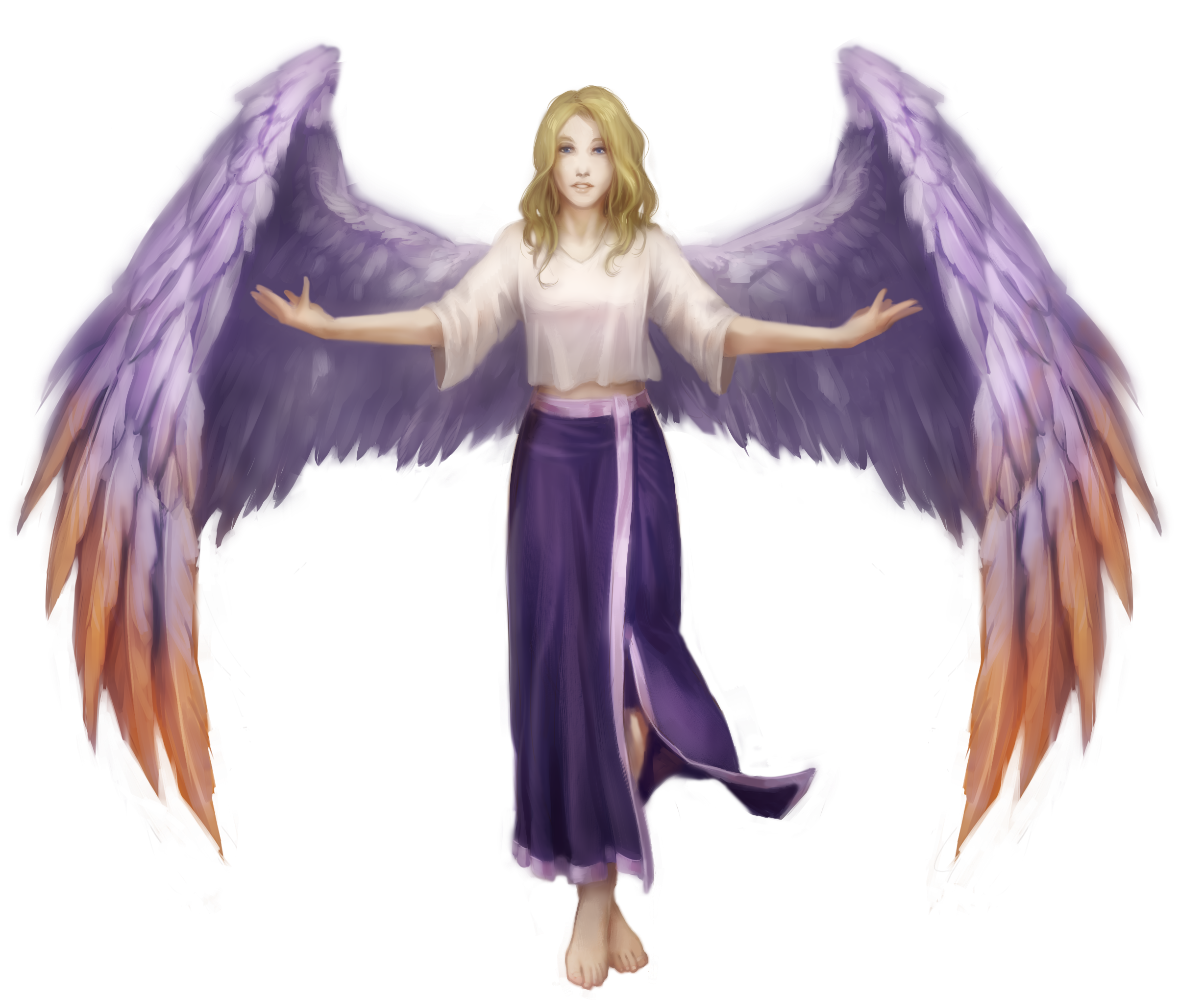 Character is Air - EE - Ah - Nah (A-R-R-E-A-N-A) from DSL: A winged woman is standing here with her wings half curled and her arms outstretched. She has shoulder-length blonde hair which falls in waves around her face. She wears a simple white blouse with elbow-length sleeves. The blouse is a full cut, but with her arms lifted a bit of her midriff is exposed. She wears a dark purple wrap skirt which is trimmed in a light lavender and falls down to her shins.